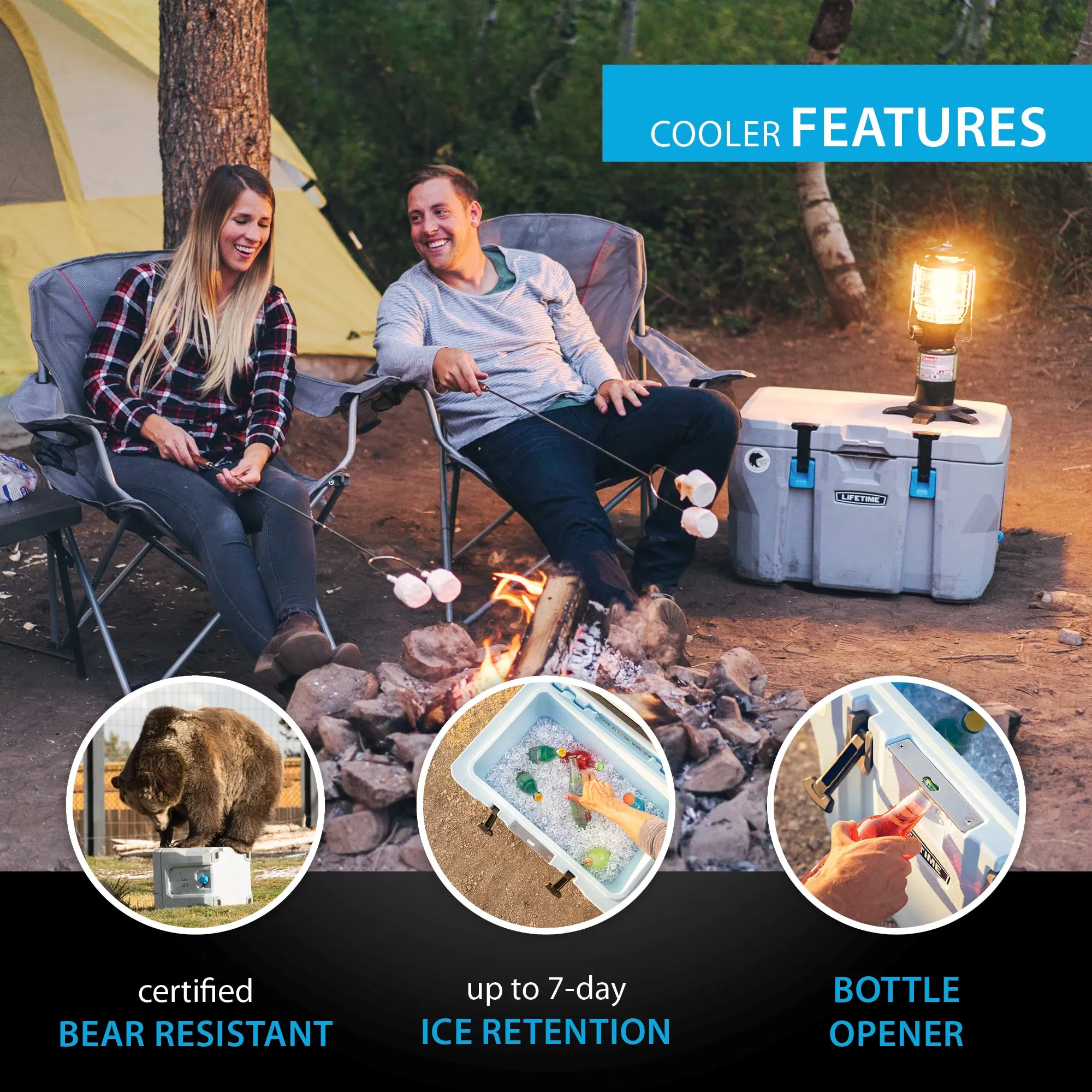 Lifetime cooler at a campsite with two people roasting marshmallows, with callouts for certified bear resistant, up to 7-day ice retention, and bottle opener