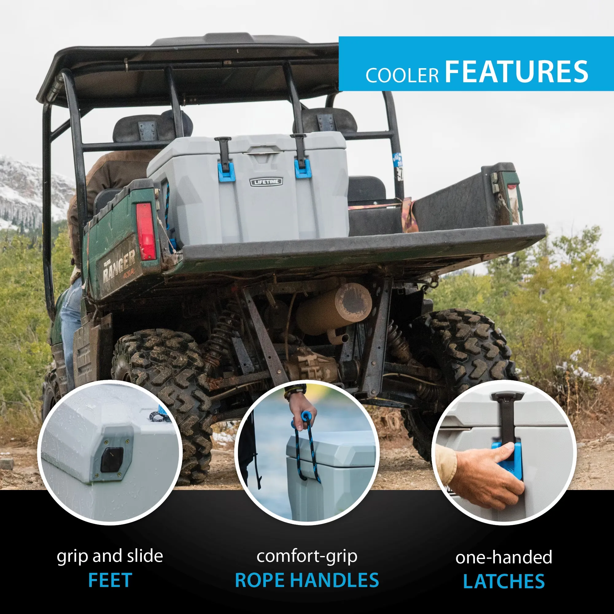 Lifetime cooler strapped on an ATV with callouts for grip and slide feet, comfort-grip rope handles, and one-handed latches