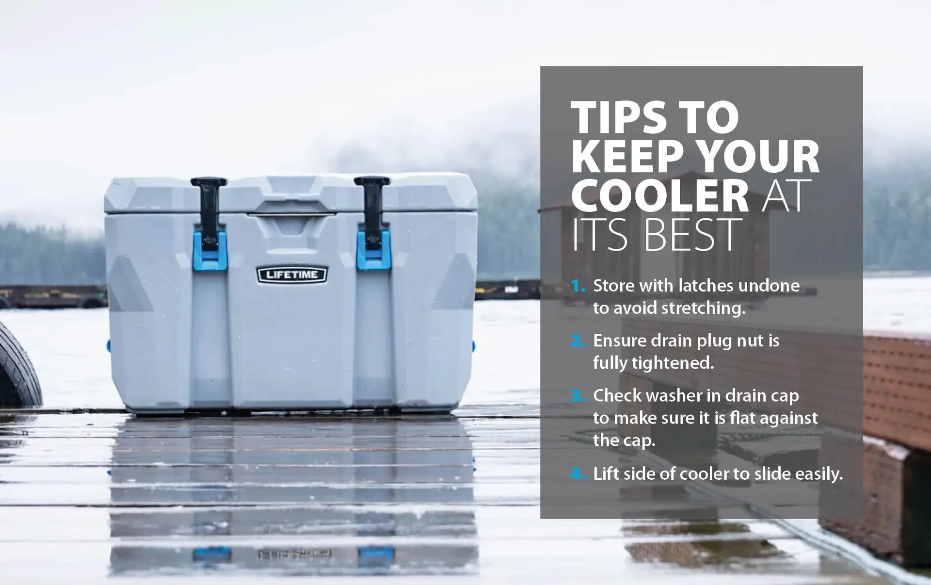 Tips to keep your cooler at its best, beside a Lifetime cooler on a wet dock