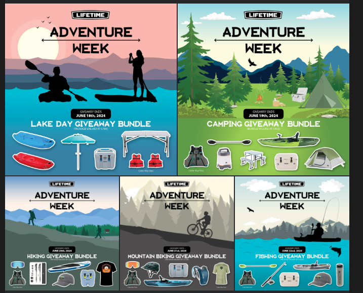 Five Adventure Week giveaway graphics: Lake Day, Camping, Hiking, Mountain Biking, and Fishing bundles